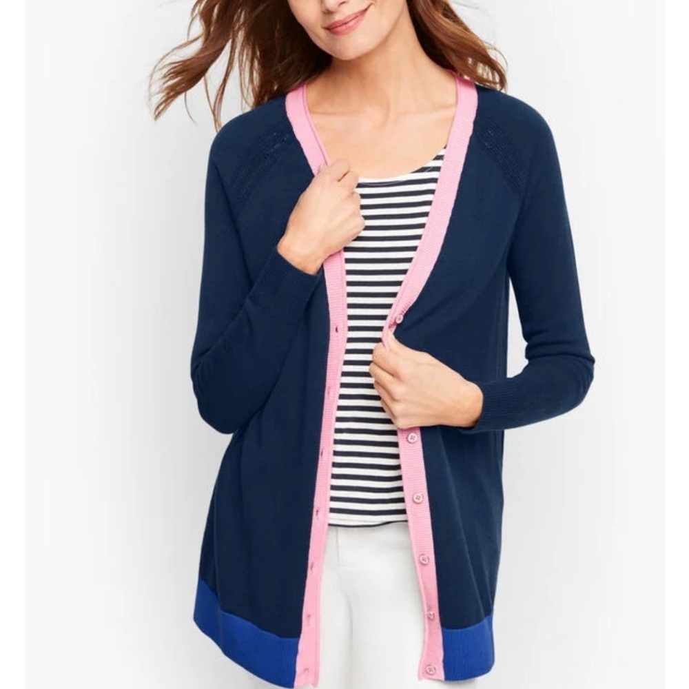 Talbots Girlfriend Cardigan Tipped V-Neck Navy Blue Pink Trim Size Small